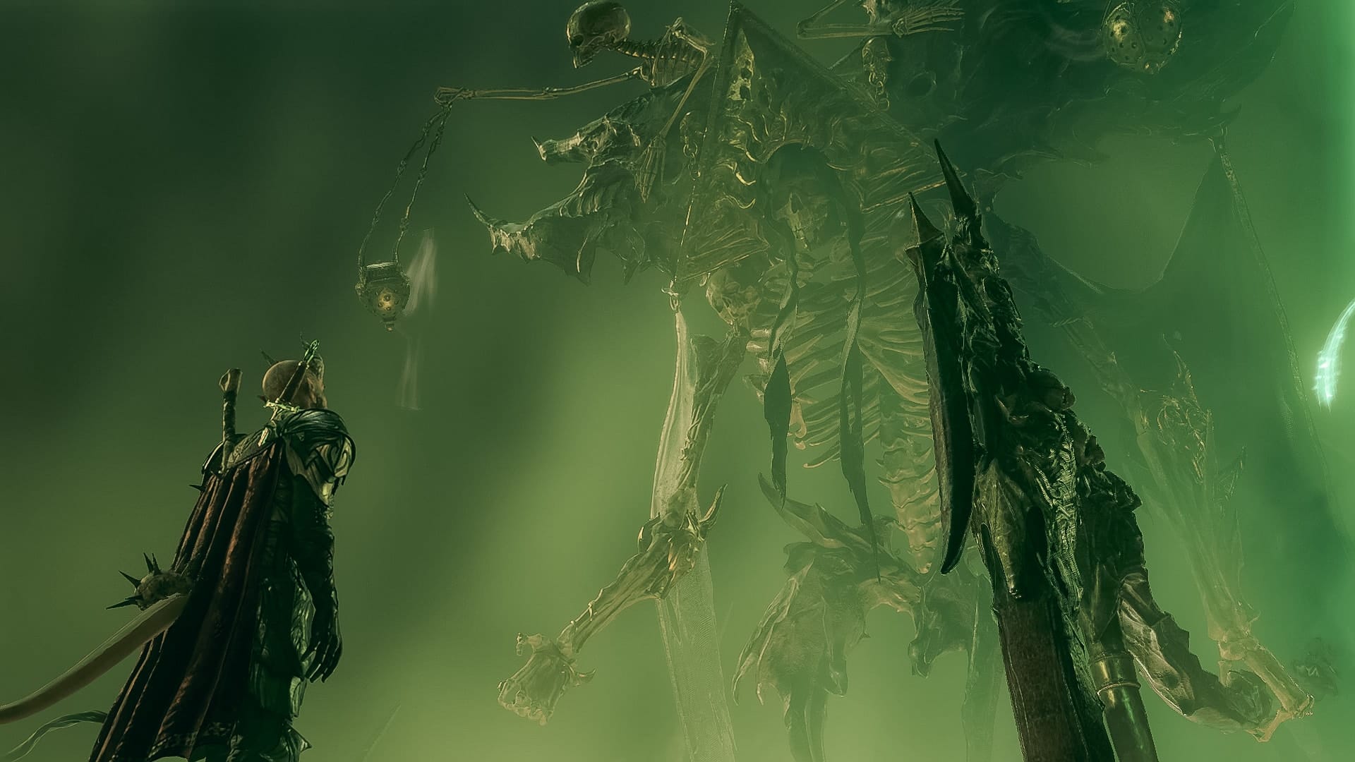 Our hero facing off against a giant creature.